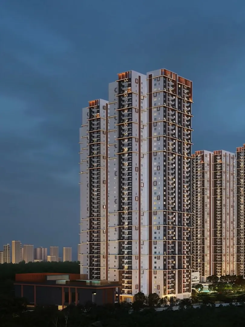 Aparna Moonstone, Aparna Deccan Town, artistic impression The towers of Aparna Moonstone lit at dusk