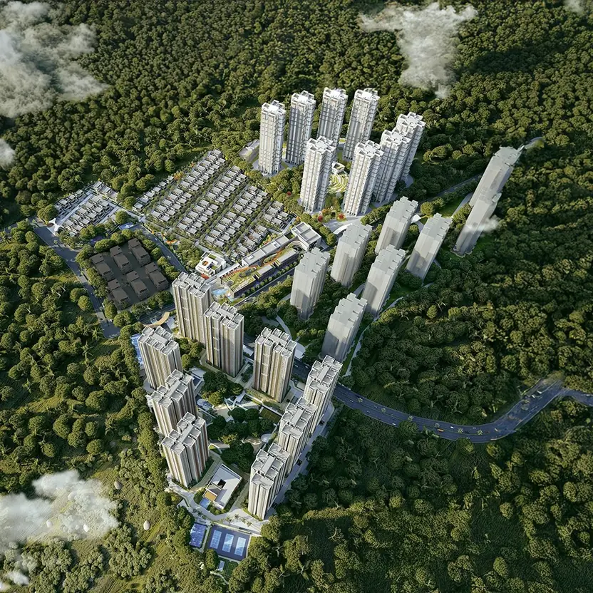 Aparna Deccan Town, Gopanpally, artistic impression An aerial view of Aparna Deccan Town, its towers rising among green woodland