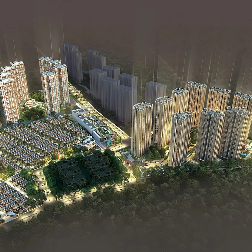 Aparna Deccan Town, Gopanpally, artistic impression An aerial view of Aparna Deccan Town at dusk, its towers lit