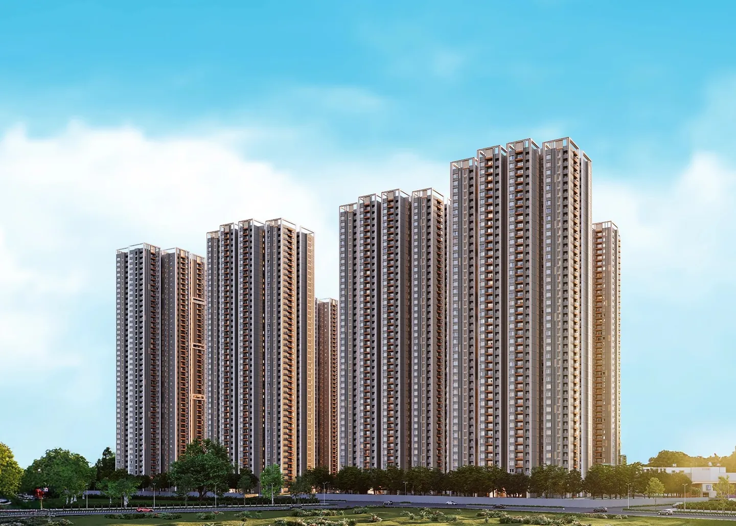 Aparna Sunstone, Aparna Deccan Town, artistic impression Tall apartment towers under a blue sky at Aparna Sunstone